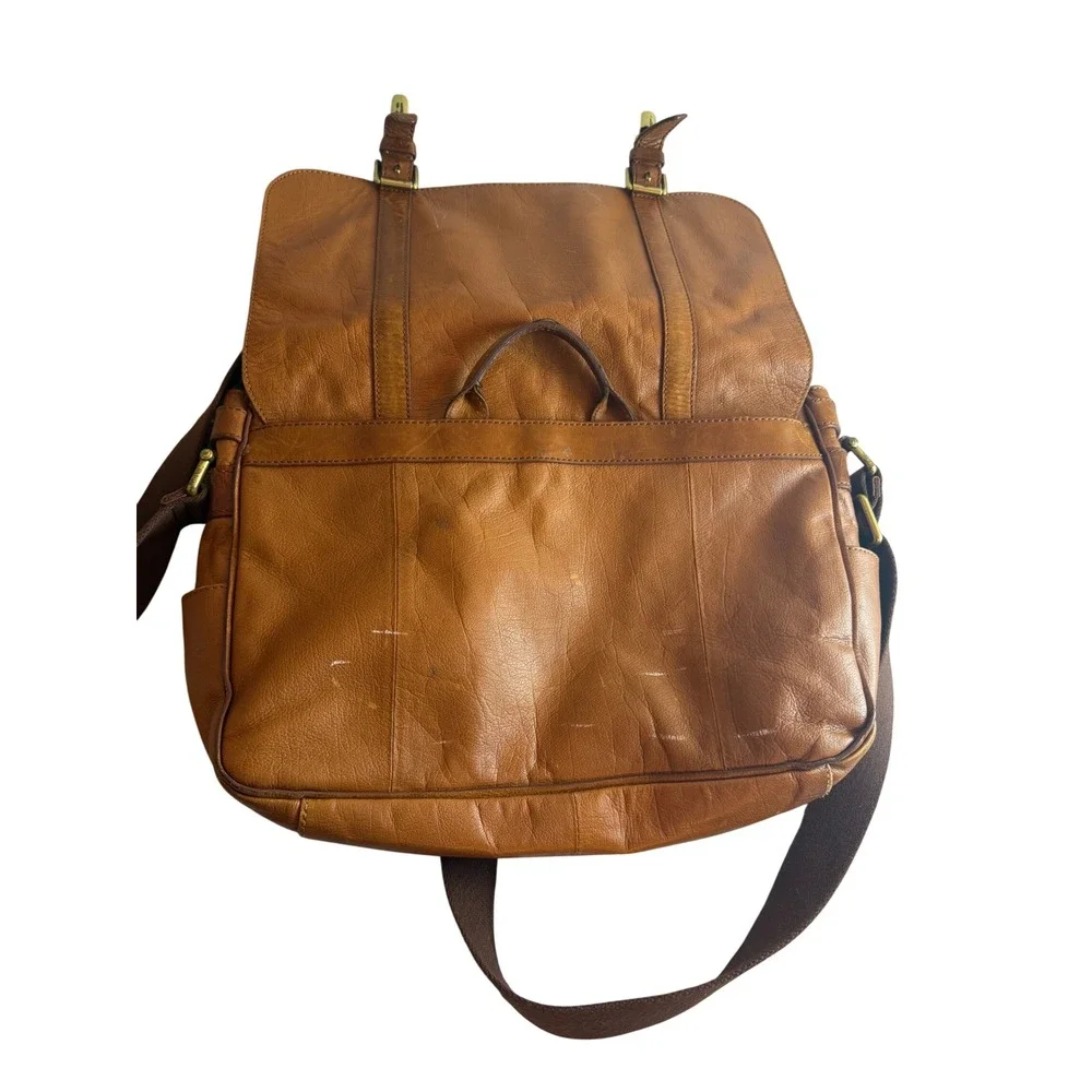Fossil Tan Leather Messenger Bag Adjustable Crossbody Satchel Brass Hardware